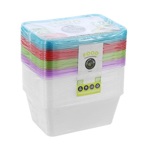 Reusable Food Container Coloured lid 1000ml 20pk