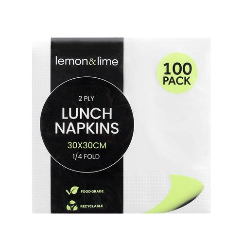 Lunch Napkin 2ply 30x30cm 100pk White 1/4 Fold