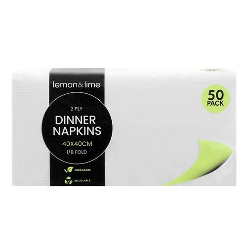 Dinner Napkin 2ply 40x40cm 50pk White 1/8 Fold