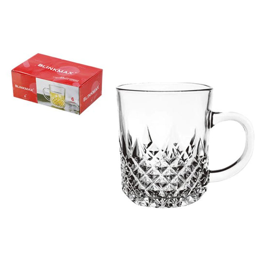 Glass Diamond Cut Tea/Coffee Mug 220ml 6pk