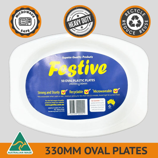 50pc 330mm x 245mm White Plastic Oval Plate Catering Microwaveable Recyclable