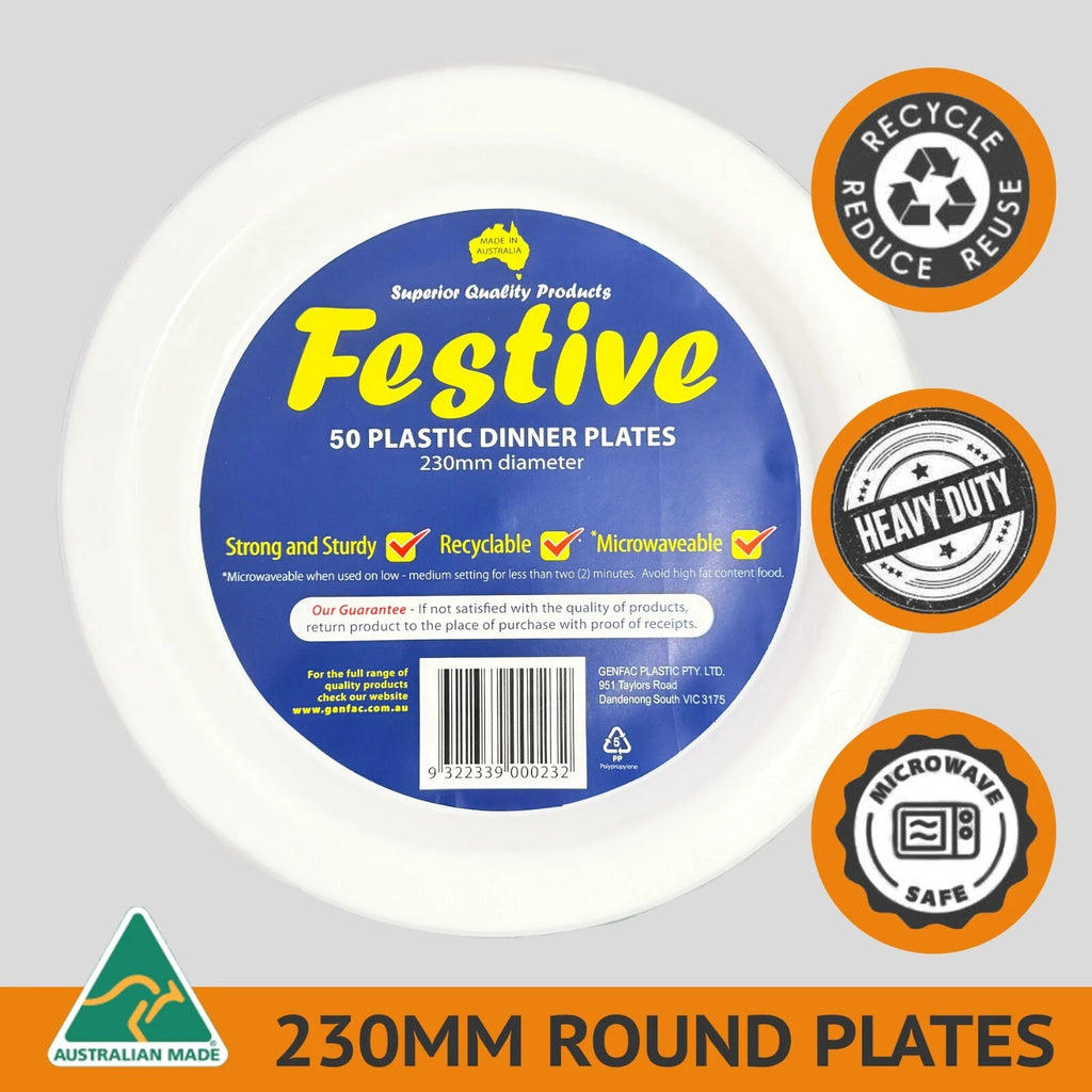 50pc 230mm White Plastic Dinner Plates Catering Microwaveable Recyclable